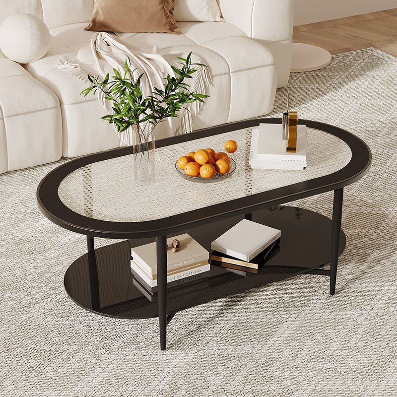 Contemporary Retro Elliptical Weaving Glass Iron Coffee Table 2-Tier For Living Room