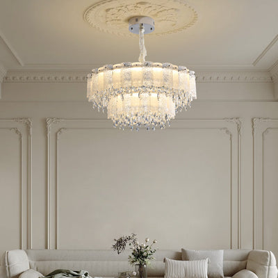 Traditional French Round Ripple Metal Crystal Glass LED Chandeliers For Living Room