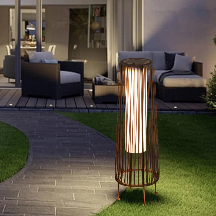 Modern Minimalist Solar Waterproof Round Vertical Pull Strip Iron Rattan LED Standing Floor Lamp For Outdoor Patio