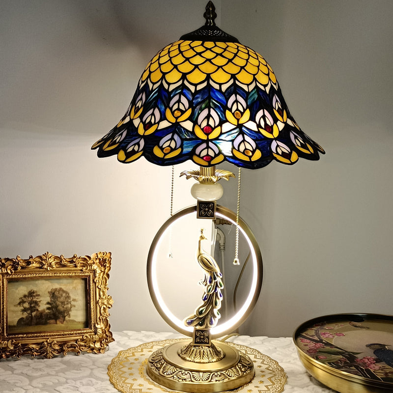 Traditional Tiffany Copper Glass Dome Round Peacock Cockatoo 1-Light Table Lamp For Bedroom