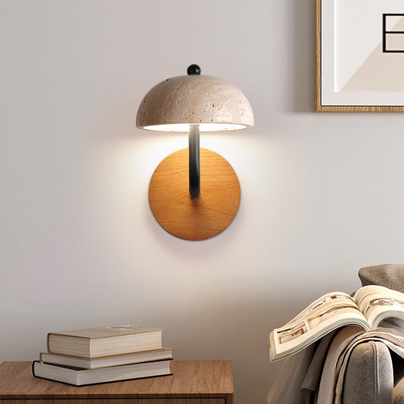 Traditional Japanese Semi-Circular Beige Travertine Wood LED Wall Sconce Lamp For Bedroom