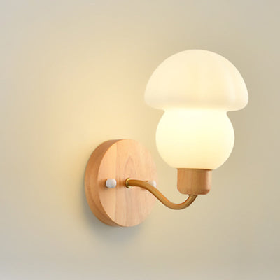 Contemporary Scandinavian PE Mushroom Shade Wooden Frame 1-Light Wall Sconce Lamp For Bedroom