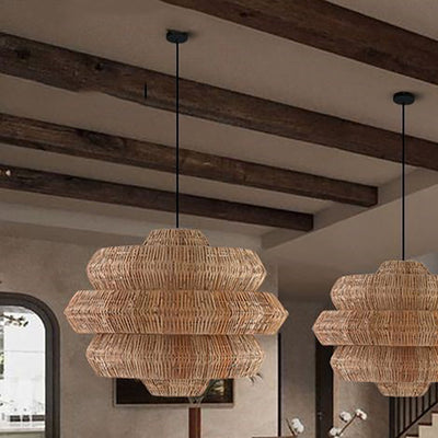 Contemporary Boho Multi Layered Round Rattan Woven 1-Light Chandelier For Living Room