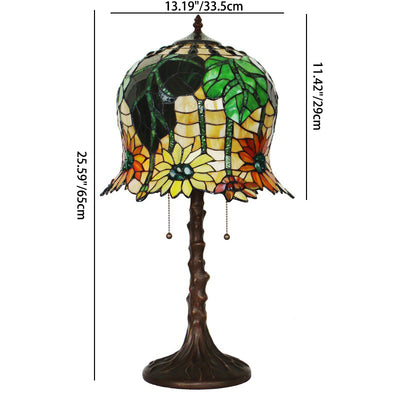 Traditional Tiffany Pod-like Sunflower Pattern Iron Glass 2-Light Table Lamp For Bedroom