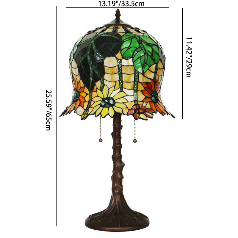 Traditional Tiffany Pod-like Sunflower Pattern Iron Glass 2-Light Table Lamp For Bedroom