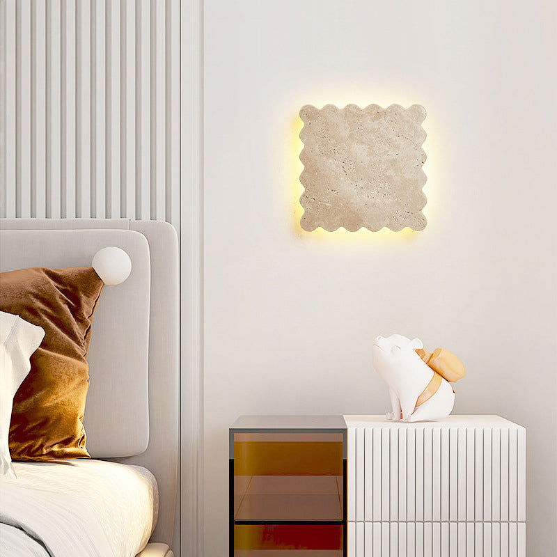 Traditional Japanese Yellow Travertine Corrugated Square LED Wall Sconce Lamp For Living Room