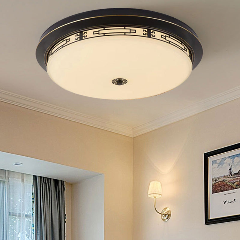 Traditional Chinese Iron Circular Glass Shade LED Flush Mount Ceiling Light For Hallway