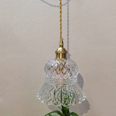 Traditional French Floral Brass Glass 1-Light Pendant Light For Living Room