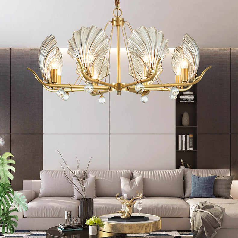 Contemporary Luxury Branch Leaf All Copper Glass 3/6/8 Light Chandelier For Living Room