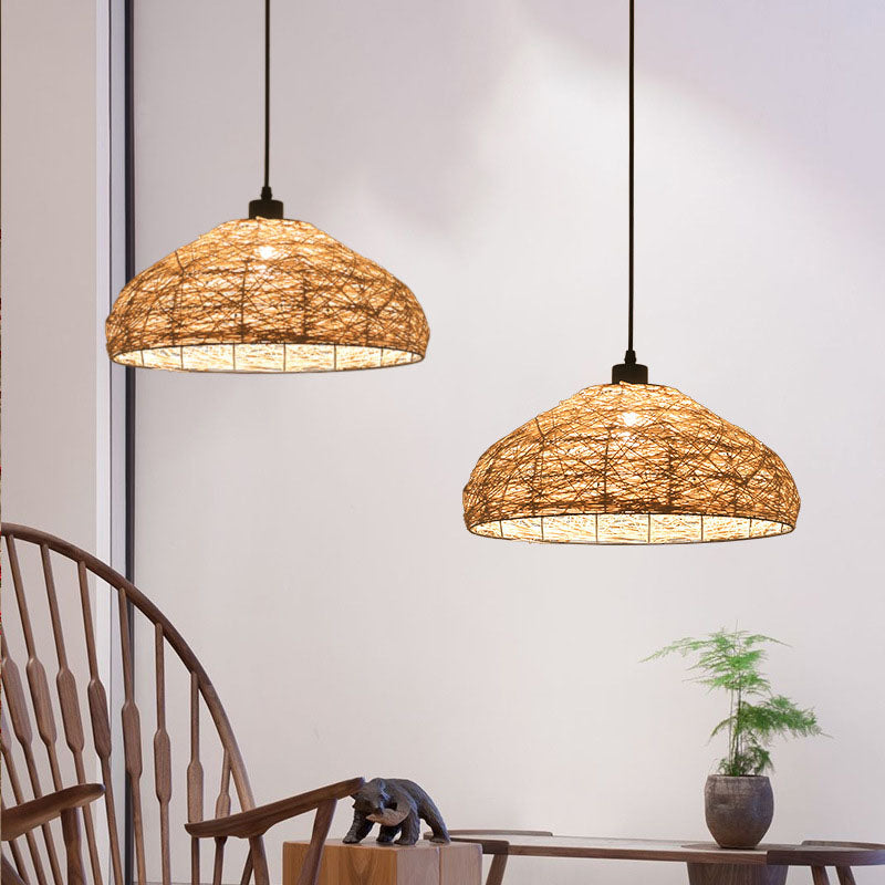 Traditional Chinese Rattan Weaving Round Shade 1-Light Pendant Light For Dining Room