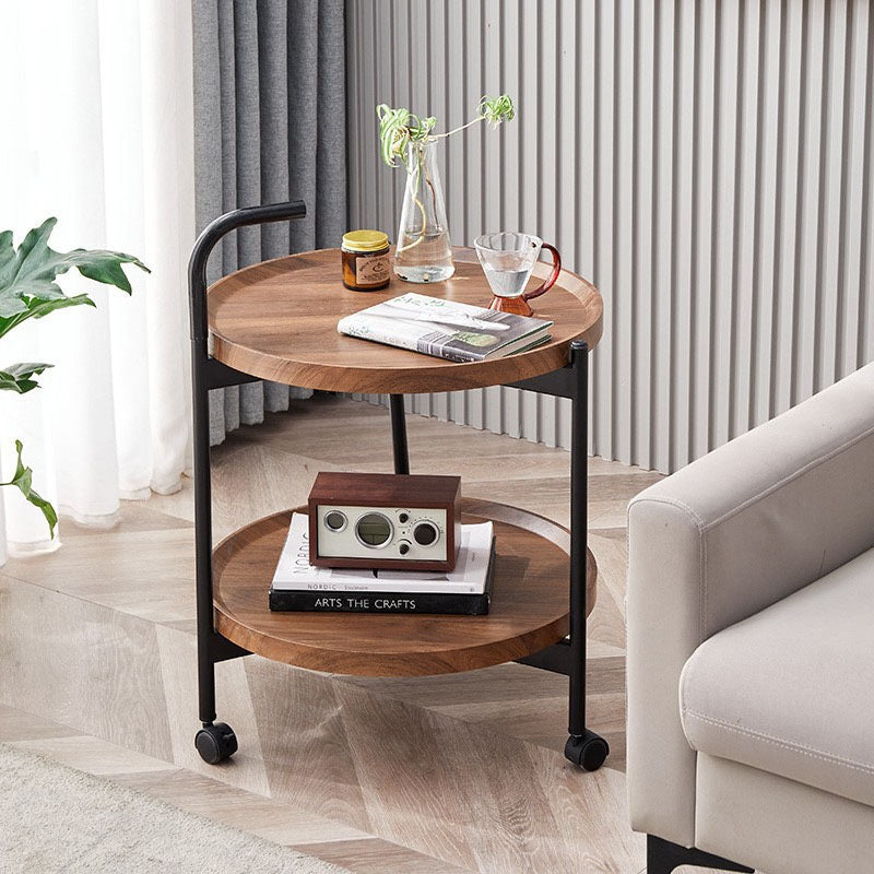 Modern Minimalist Round Iron Wood Coffee Table 2-Tier For Living Room