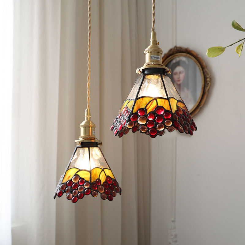 Traditional Vintage Brass Glass Flower Colored Grapes 1-Light Pendant Light For Dining Room