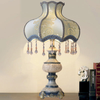 Traditional European Carved Vase Base Fabric Resin 1-Light Table Lamp For Bedroom