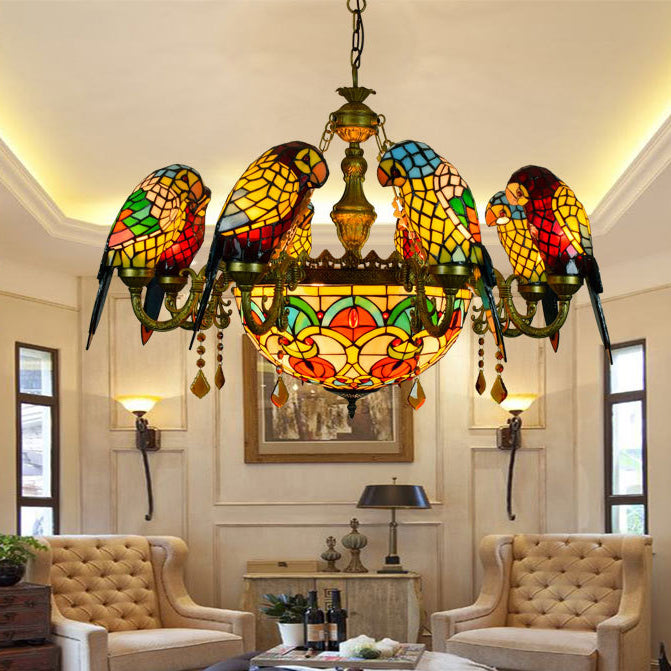 Traditional Tiffany Metal Glass Dome Parrot 11-Light Chandeliers For Living Room