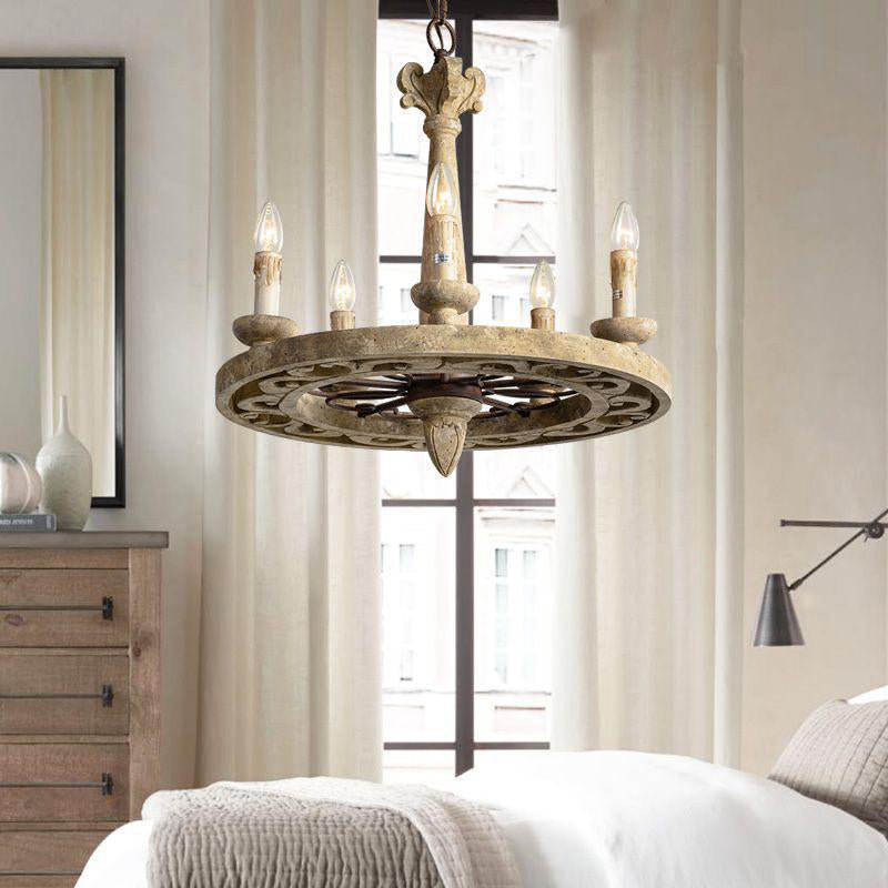 Traditional Farmhouse Distressed Wood Candlestick Iron Round 6-Light Chandelier For Living Room