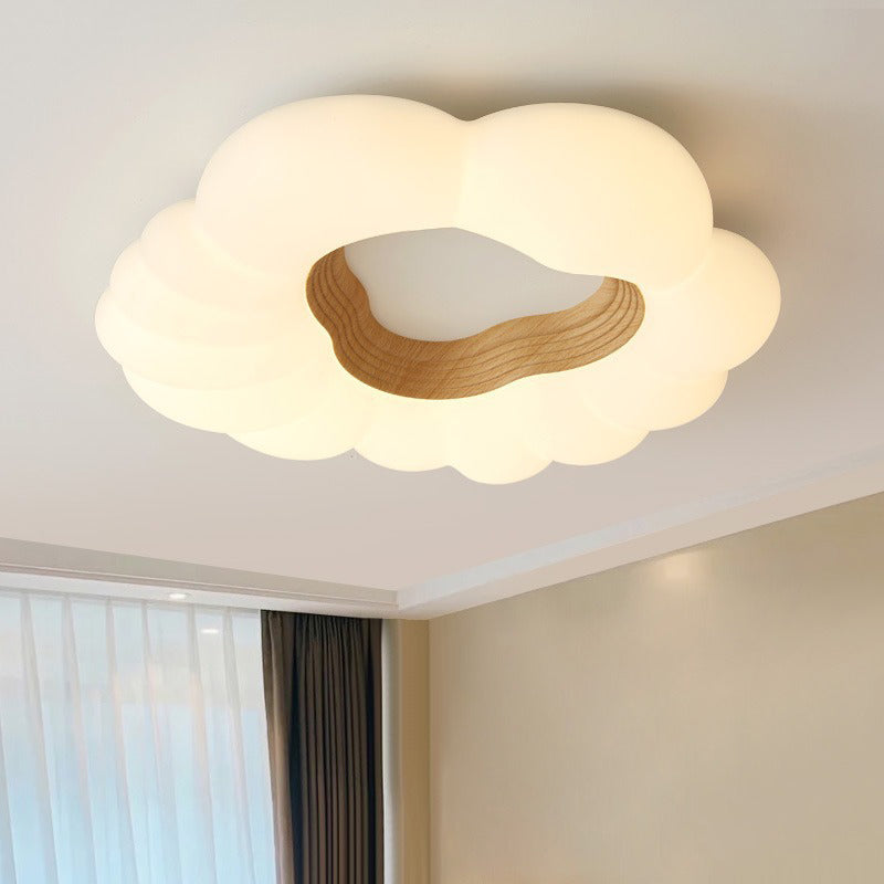 Modern Minimalist Cream Clouds Ash Wood Chip Plastics LED Flush Mount Ceiling Light For Bedroom