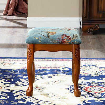 Traditional European Square Fabric Upholstered Wood Carved Frame Vanity Stool For Bedroom