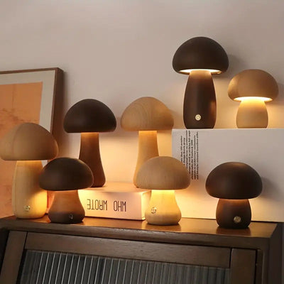 Contemporary Creative USB Mushroom Wood LED Table Lamp For Bedroom