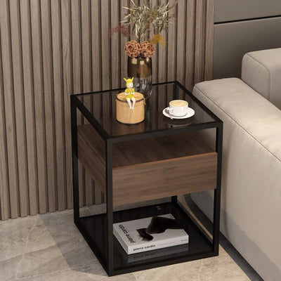 Modern Minimalist Square Marble Glass Iron End Table 2-Tier For Living Room