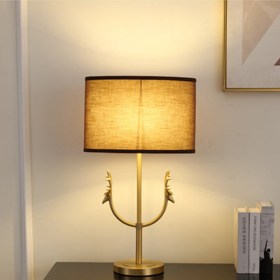 Contemporary Retro Fabric Brass Cylinder Deer 1-Light Table Lamp For Bedside