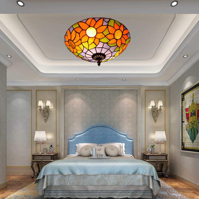 Traditional Tiffany Dome Sunflower Iron Glass 2-Light Flush Mount Ceiling Light For Living Room