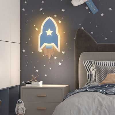 Contemporary Creative Kids Wood Acrylic Rocket LED Wall Sconce Lamp For Bedside