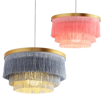 Contemporary Scandinavian Tassel Round Silk Polyester Iron 1-Light Pendant Light For Bedroom