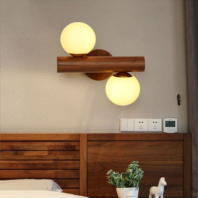 Contemporary Scandinavian Cylinder Orb Rubberwood Glass 2-Light Wall Sconce Lamp For Bedroom