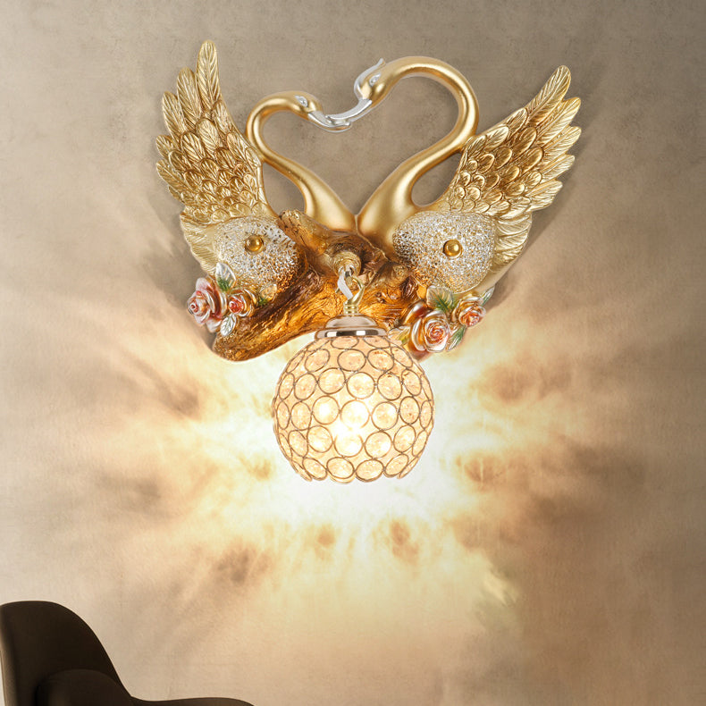 Modern Art Deco Resin Iron Crystal Couple Swan Ball 1-Light Wall Sconce Lamp For Living Room