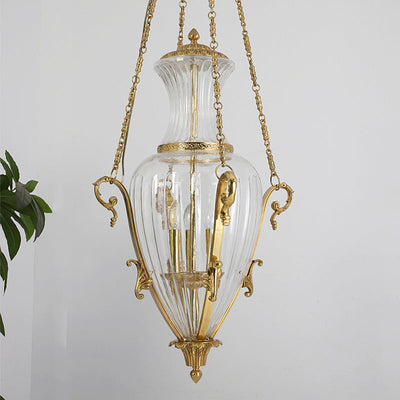 Contemporary Luxury Engraved Full Copper Glass Tapered Shade 4-Light Chandelier For Living Room