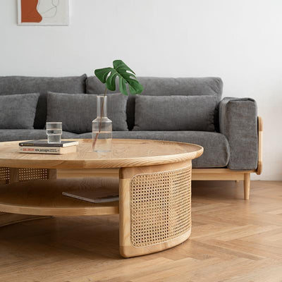 Contemporary Nordic Round Wood Rattan Coffee Table 2-Tier For Living Room