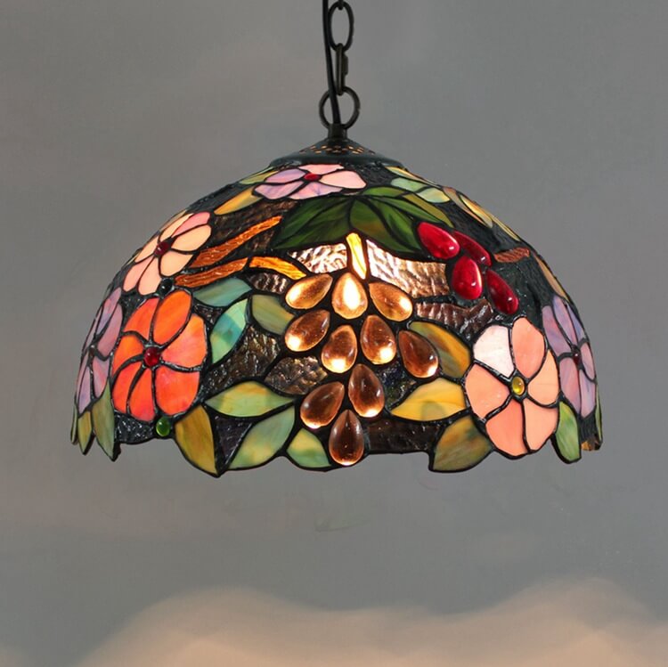 Traditional Tiffany Iron Stained Glass Flower Shape 1-Light Pendant Light For Living Room