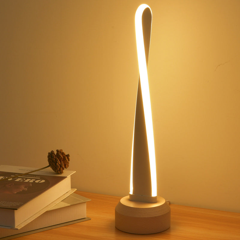 Traditional Japanese Elliptical Spiral Strip Beech Aluminum Silica LED Table Lamp For Bedside