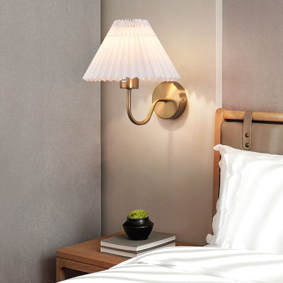 Modern Minimalist Pleated Disc Base Iron Fabric 1-Light Wall Sconce Lamp For Bedroom