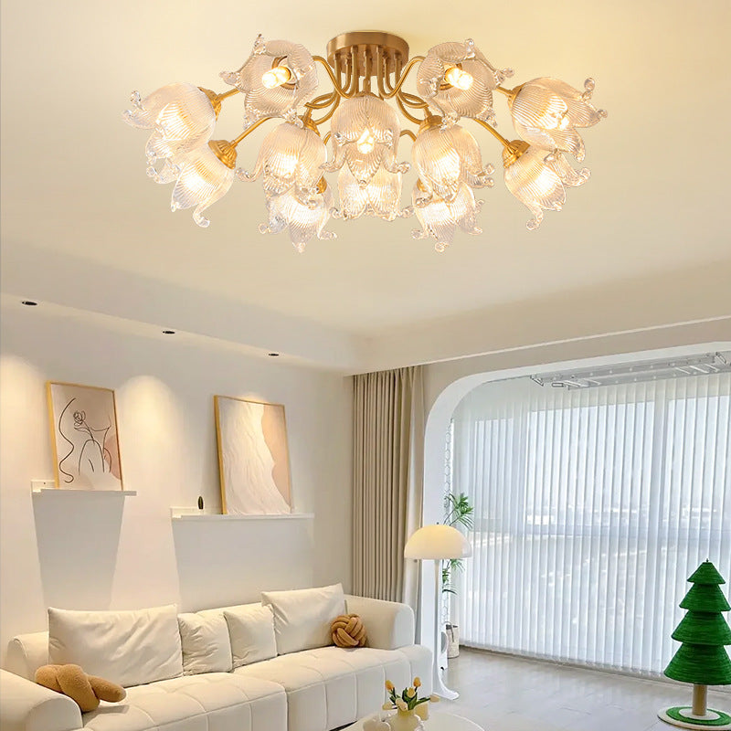 Traditional European Copper Glass Flower 5/12/15 Light Semi-Flush Mount Ceiling Light For Living Room