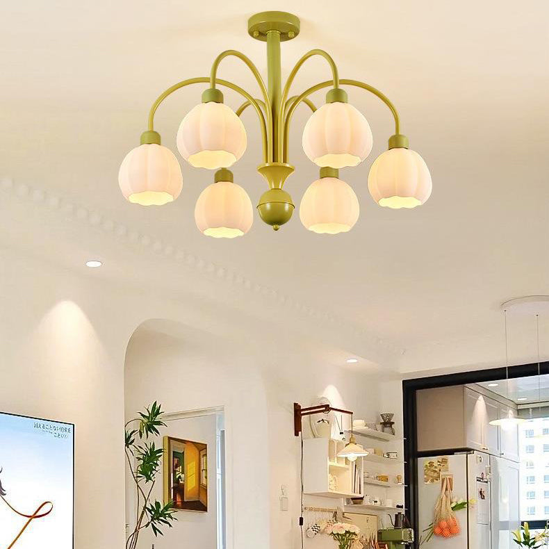 Modern Minimalist Cream Pumpkin Metal Glass 4/6 Light Chandelier For Living Room