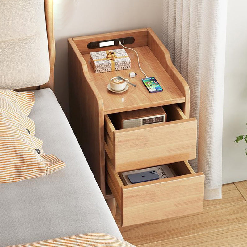 Modern Minimalist Rectangular Rubber Wood Nightstand 2-Drawer Sensor Light USB Charging For Bedroom