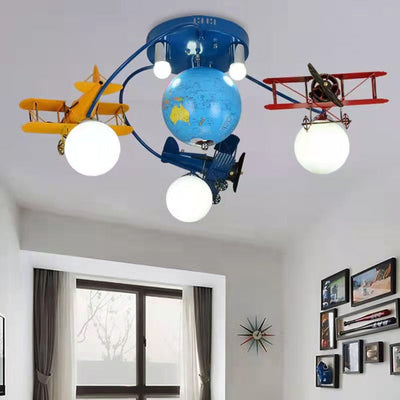 Modern Art Deco Orb Airplane Globe Glass Iron Kids 6-Light Flush Mount Ceiling Light For Bedroom