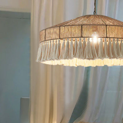 Contemporary Boho Linen Rope Tassel Round 1-Light Pendant Light For Dining Room