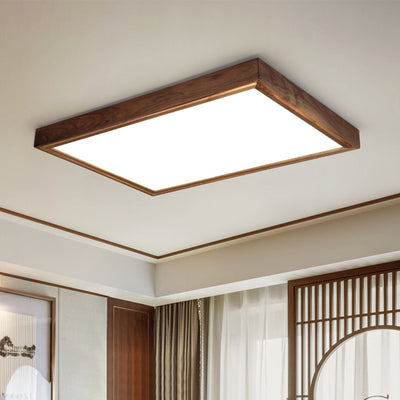 Traditional Chinese Walnut Iron Acrylic Square Rectangular LED Flush Mount Ceiling Light For Living Room