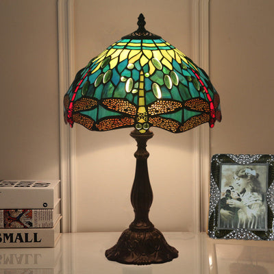 Traditional Tiffany Stained Glass Animal Dragonfly Pattern Zinc Alloy Base 1-Light Table Lamp For Bedroom