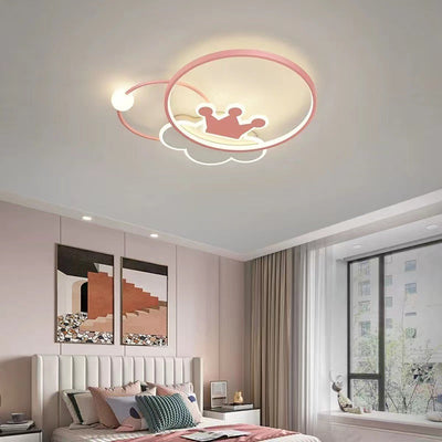 Contemporary Nordic Kids Iron Acrylic Circle Round Crown Cloud LED Flush Mount Ceiling Light For Bedroom