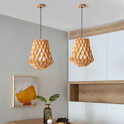 Modern Minimalist Round Diamond Solid Wood Skeleton 1-Light Pendant Light For Living Room