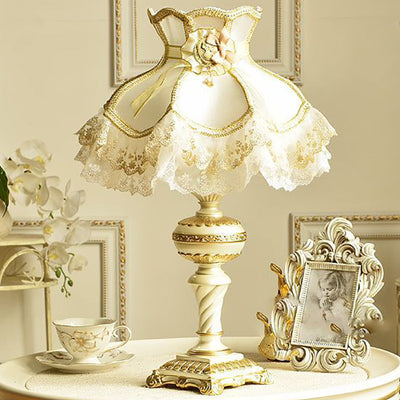 Traditional European Gorgeous Fabric Lace Shade Carved Square Base 1-Light Table Lamp For Bedroom