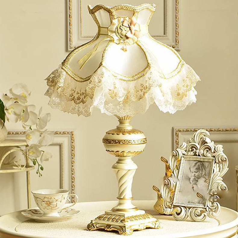 Traditional European Gorgeous Fabric Lace Shade Carved Square Base 1-Light Table Lamp For Bedroom