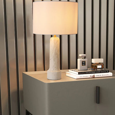 Modern Minimalist Cylindrical Rectangular Column Marble Metal Fabric 1-Light Table Lamp For Living Room