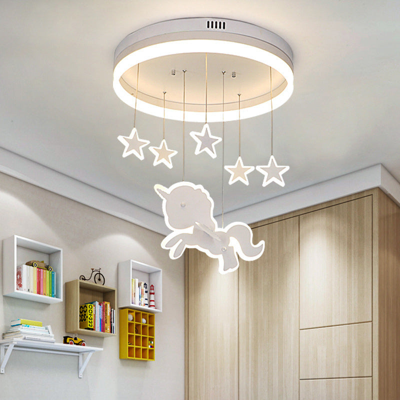 Contemporary Nordic Kids Iron Acrylic Round Unicorn Star LED Flush Mount Ceiling Light For Bedroom