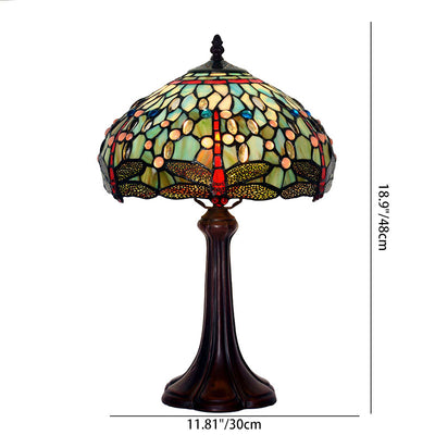 Traditional Tiffany Stained Glass Drum-Shaped Dragonfly 1-Light Table Lamp For Study