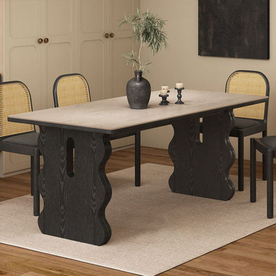 Contemporary Retro Rectangular Wave Wood Slate Dining Table For 4/6 Seats