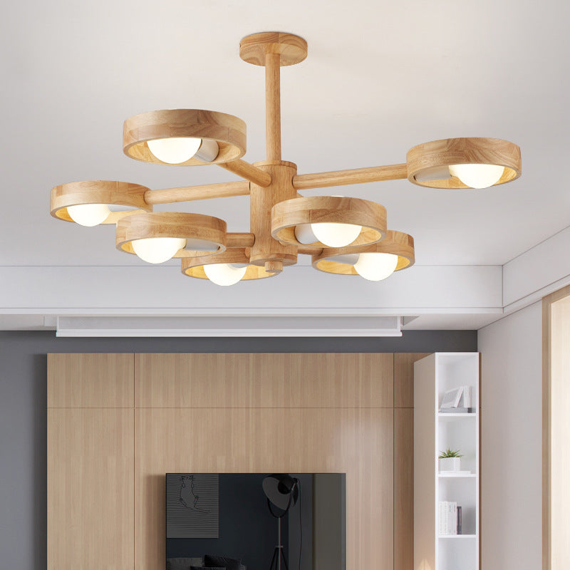 Contemporary Nordic Round Rotatable Rubber Wood 6/8 Light Chandeliers For Living Room